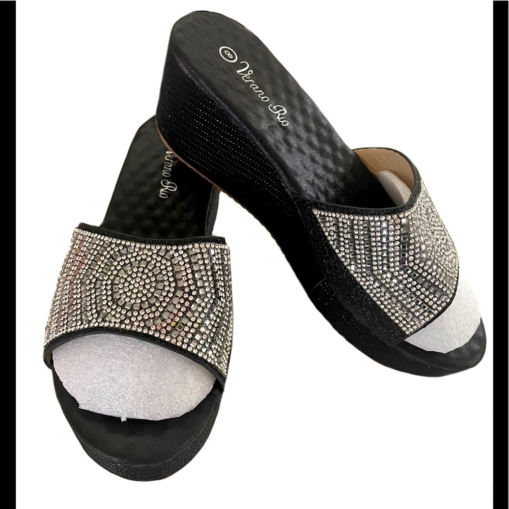 Verano Rio Woman’s Wedge Silver& Black Rhinestone Slide Platform Open Toe Sandal